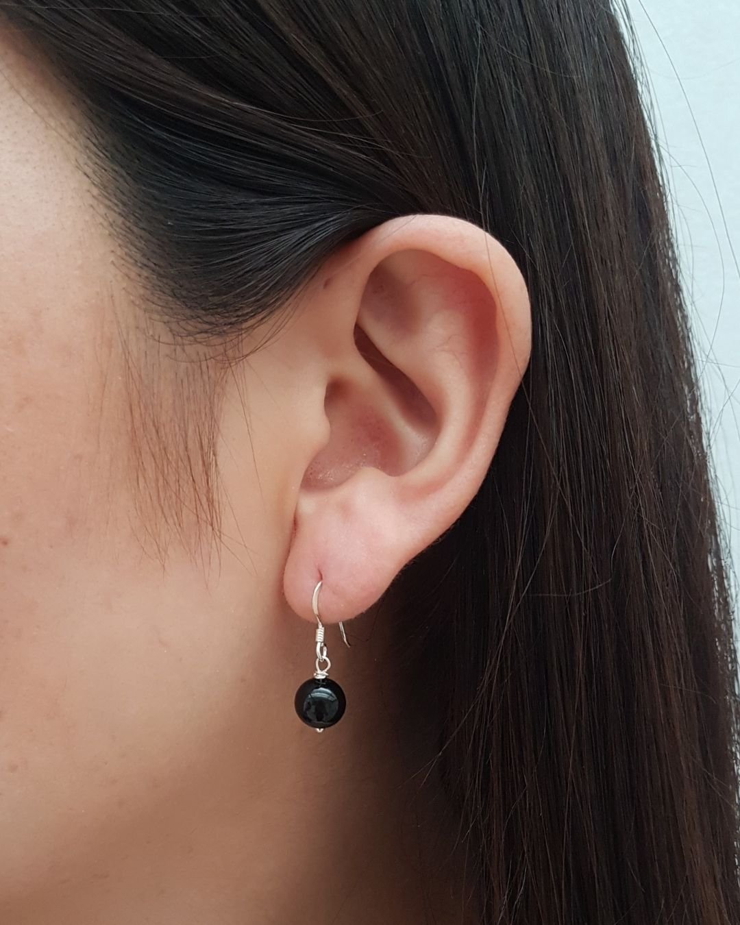 BRINCO ÁGATA NEGRA PEDRA NATURAL ANZOL PRATA 925