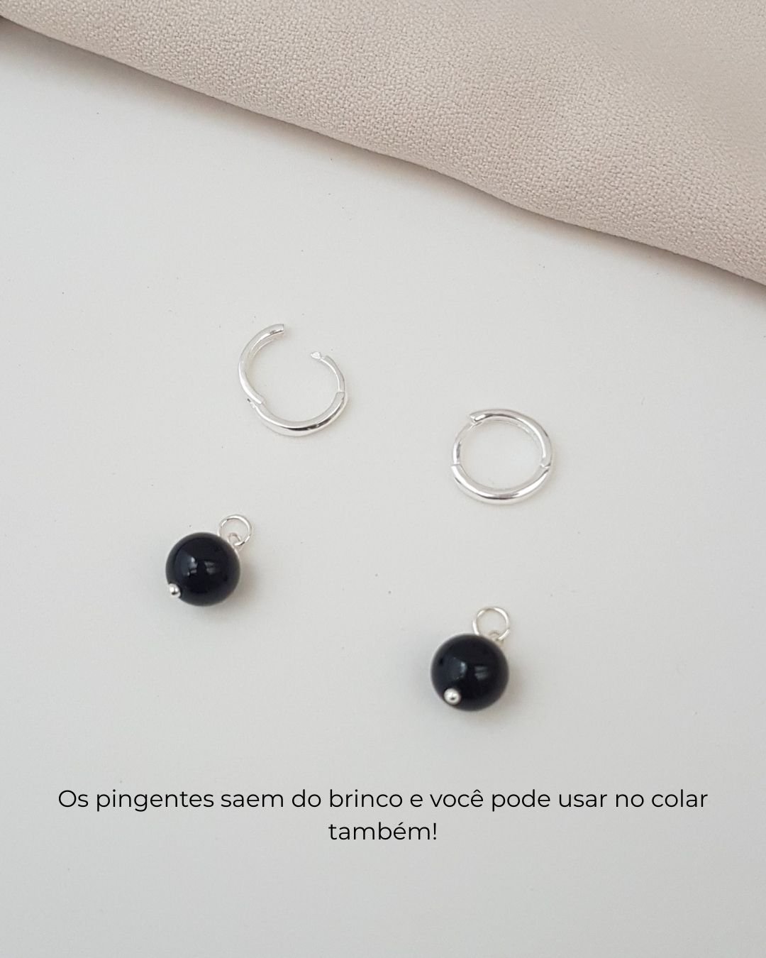 BRINCO ÁGATA NEGRA PEDRA NATURAL ARGOLA CLICK PRATA 925