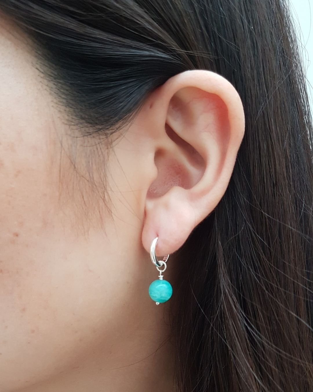 BRINCO AMAZONITA PEDRA NATURAL ARGOLA CLICK PRATA 925