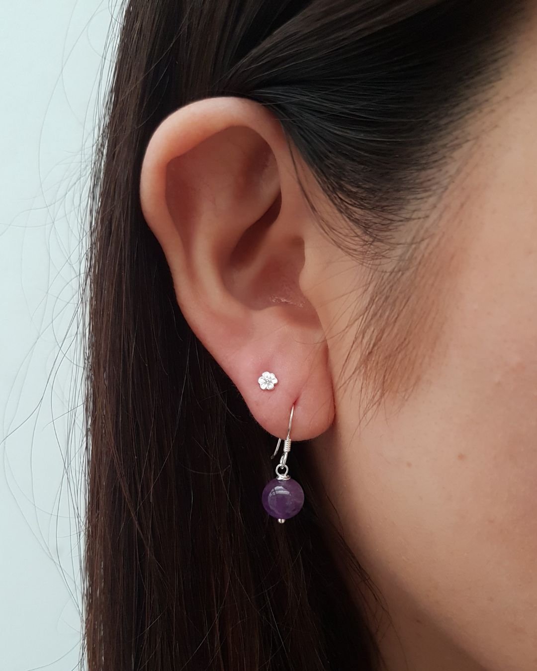 BRINCO AMETISTA PEDRA NATURAL ANZOL PRATA 925