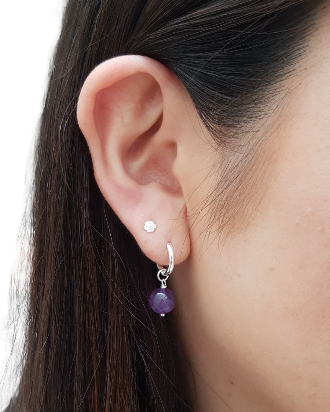 BRINCO AMETISTA PEDRA NATURAL ARGOLA CLICK PRATA 925