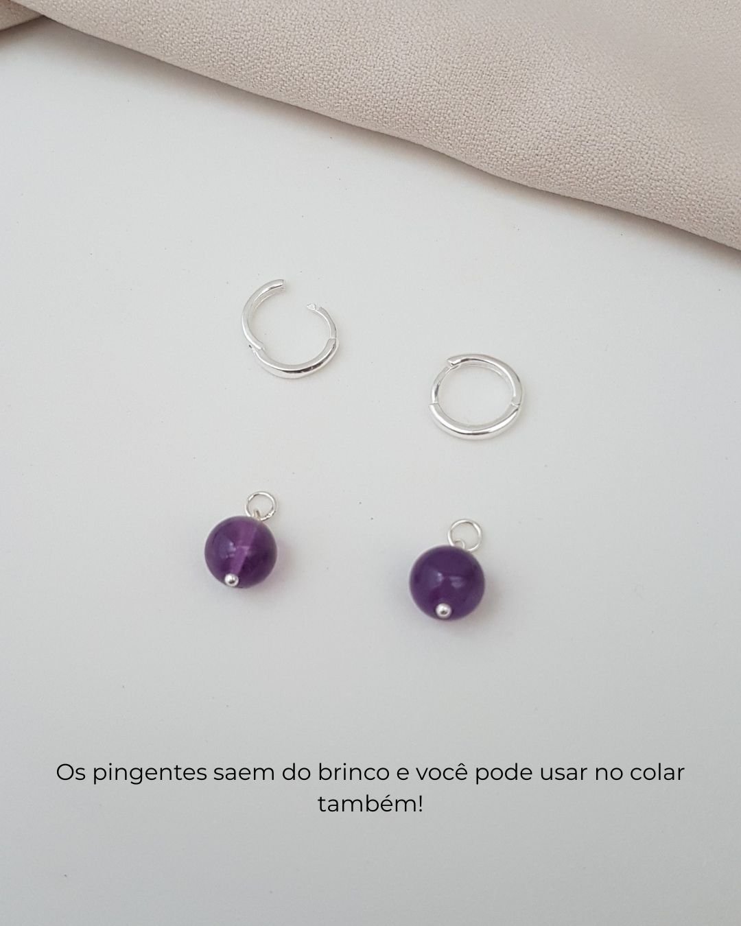 BRINCO AMETISTA PEDRA NATURAL ARGOLA CLICK PRATA 925