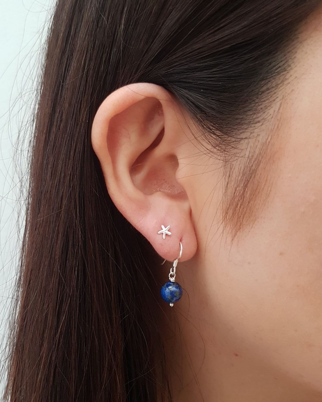 BRINCO LÁPIS LAZULI PEDRA NATURAL ANZOL PRATA 925