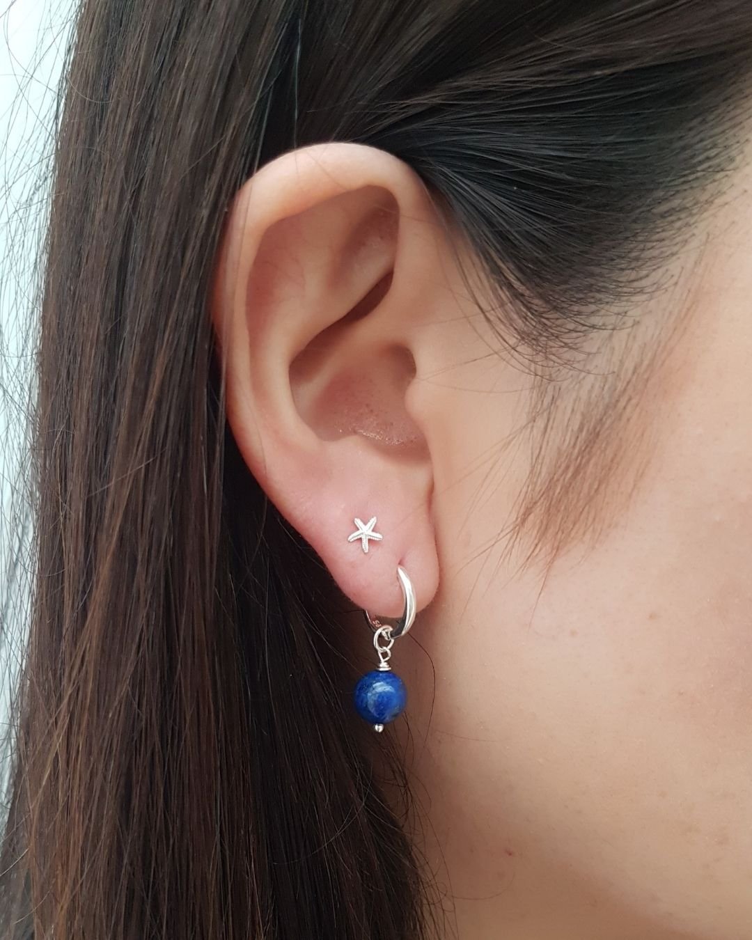 BRINCO LÁPIS LAZULI PEDRA NATURAL ARGOLA CLICK PRATA 925