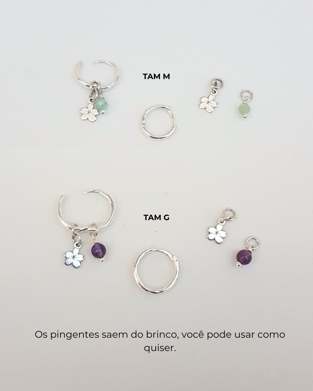 BRINCO MINI SAKURA ARGOLA CLICK COM PEDRA NATURAL E PRATA 925