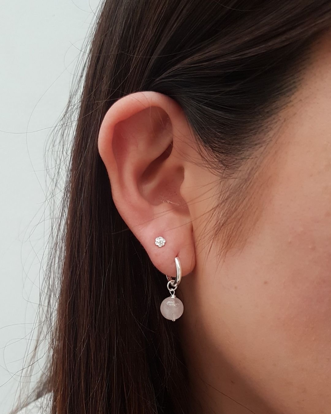 BRINCO QUARTZO ROSA PEDRA NATURAL ARGOLA CLICK PRATA 925