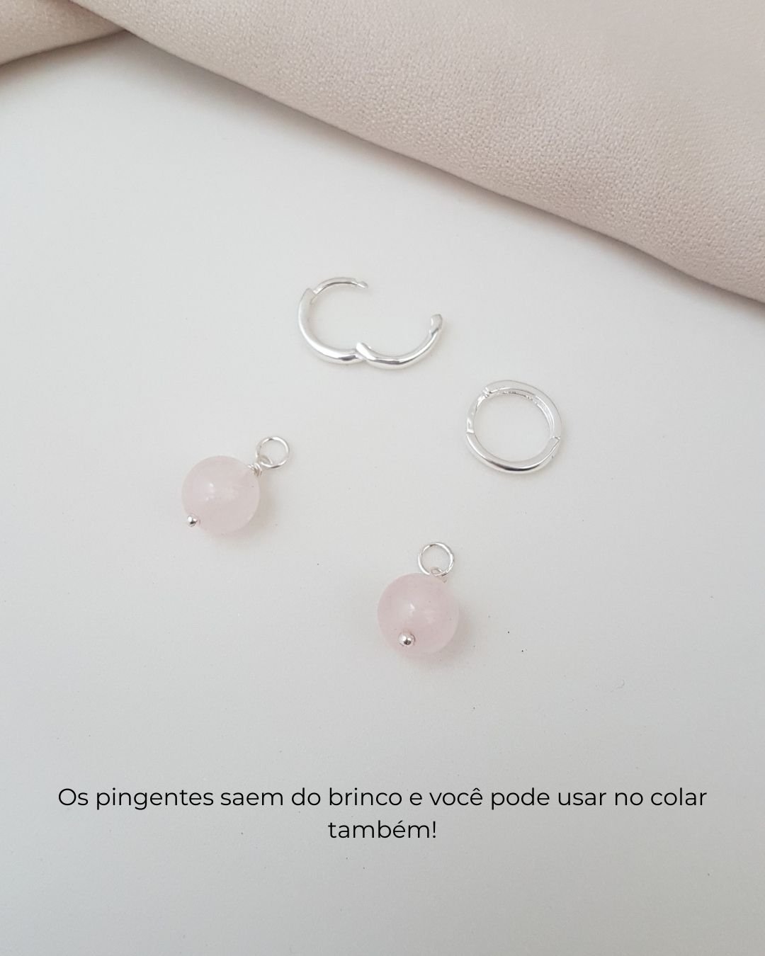 BRINCO QUARTZO ROSA PEDRA NATURAL ARGOLA CLICK PRATA 925