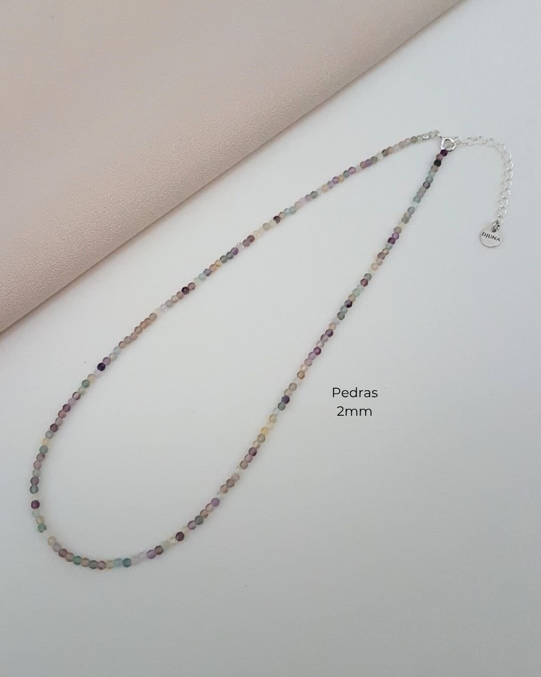 COLAR CHOKER FLUORITA PEDRAS NATURAIS LAPIDADAS 2MM PRATA 925