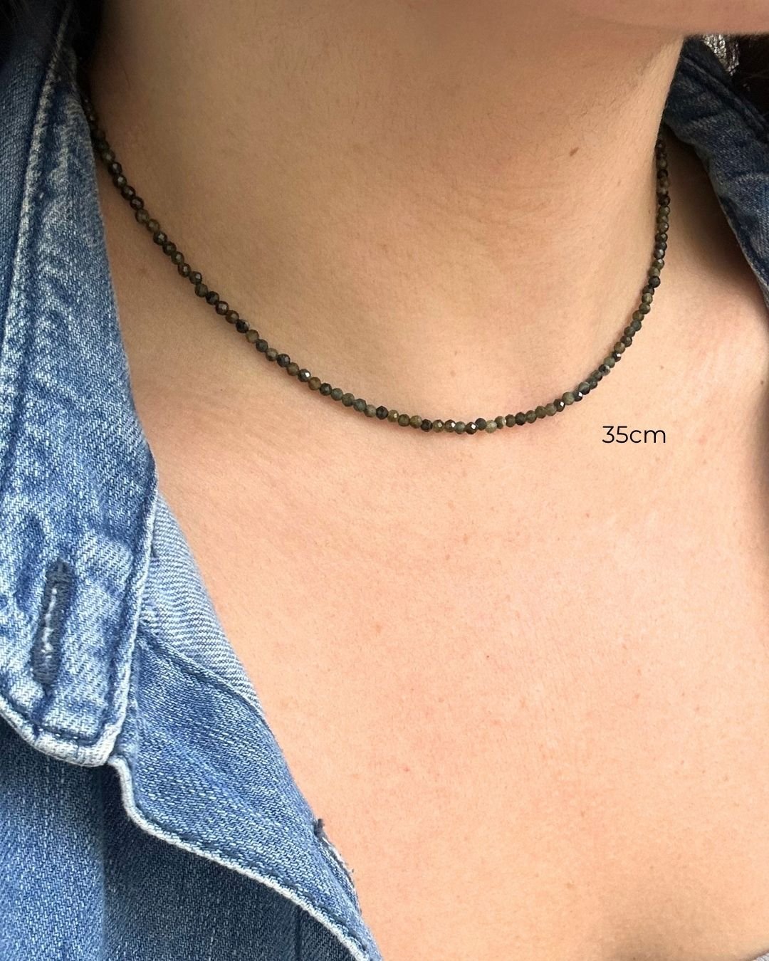 COLAR CHOKER OBSIDIANA PEDRA LAPIDADA 2 MM PRATA 925