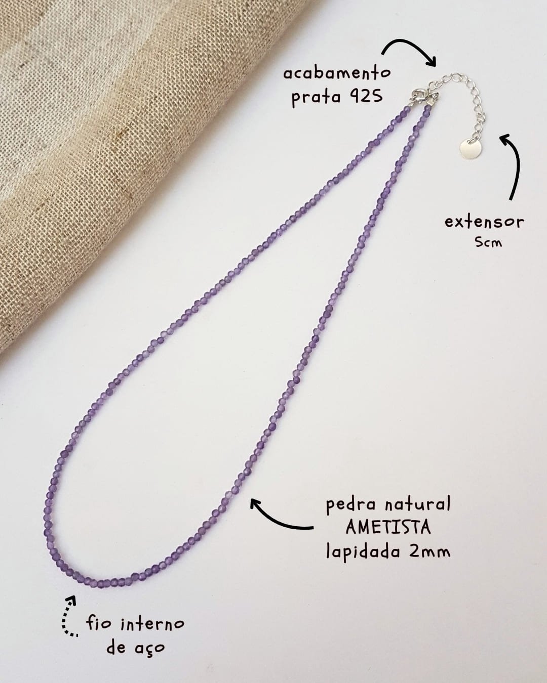 COLAR CHOKER PEDRA AMETISTA LAPIDADA 2MM