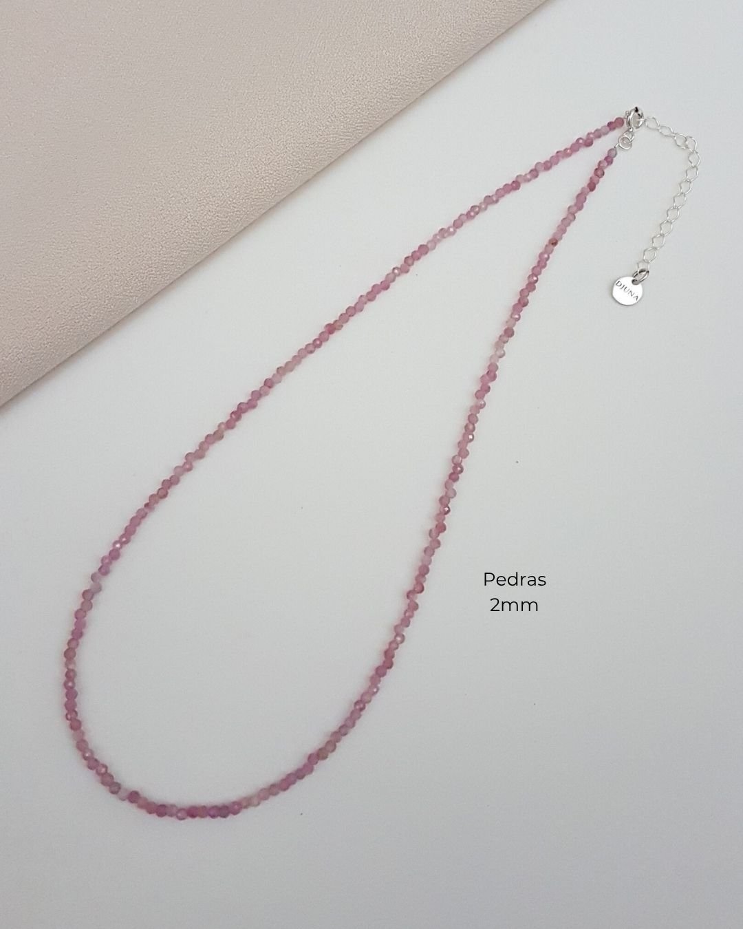 COLAR CHOKER TURMALINA ROSA PEDRAS NATURAIS LAPIDADAS 2MM PRATA 925