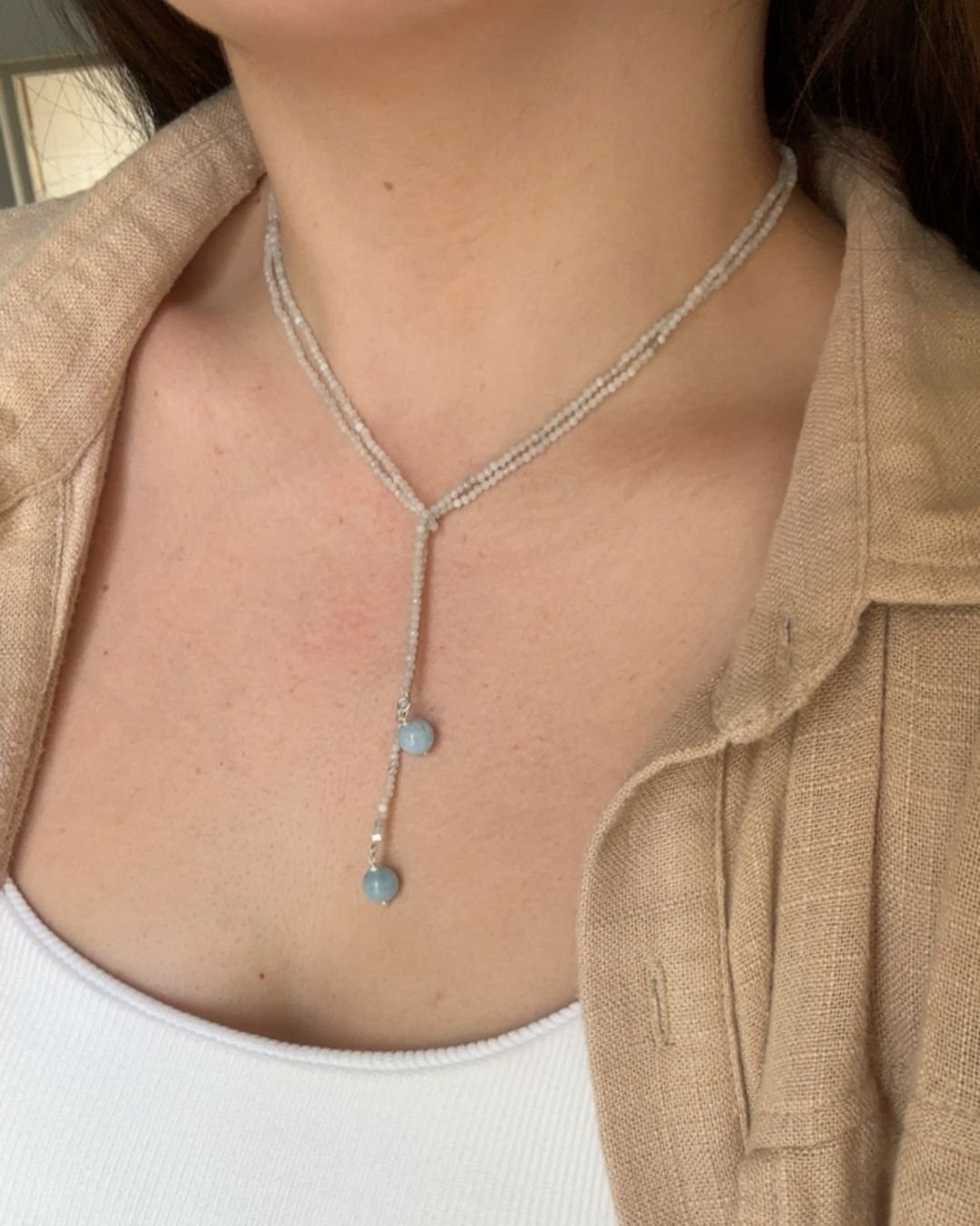 COLAR PASHMINA ÁGUA MARINHA PEDRA NATURAL LAPIDADA 2MM PRATA 925