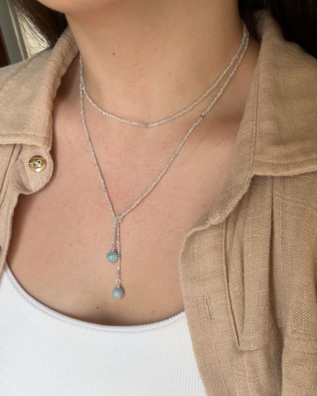 COLAR PASHMINA ÁGUA MARINHA PEDRA NATURAL LAPIDADA 2MM PRATA 925