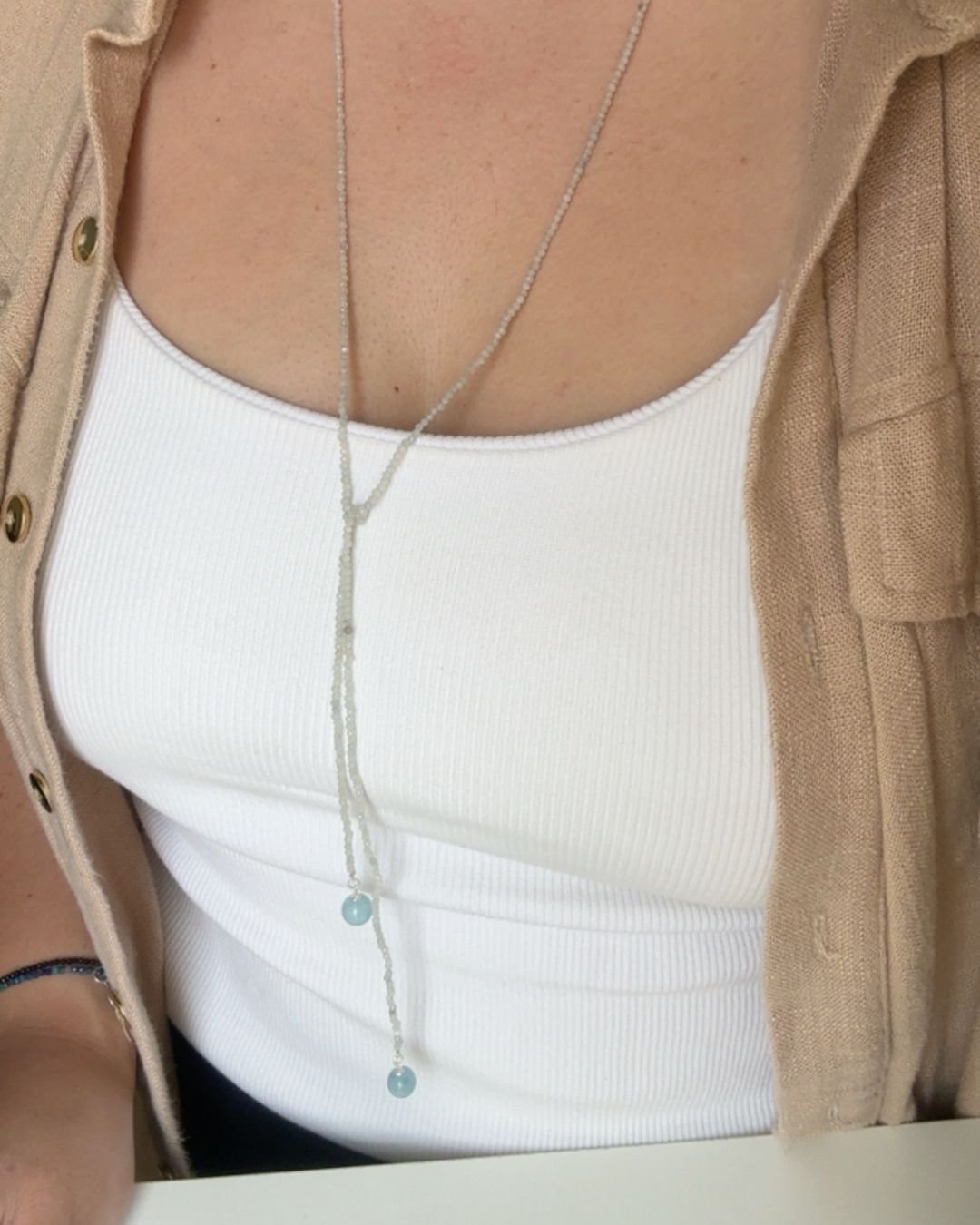 COLAR PASHMINA ÁGUA MARINHA PEDRA NATURAL LAPIDADA 2MM PRATA 925