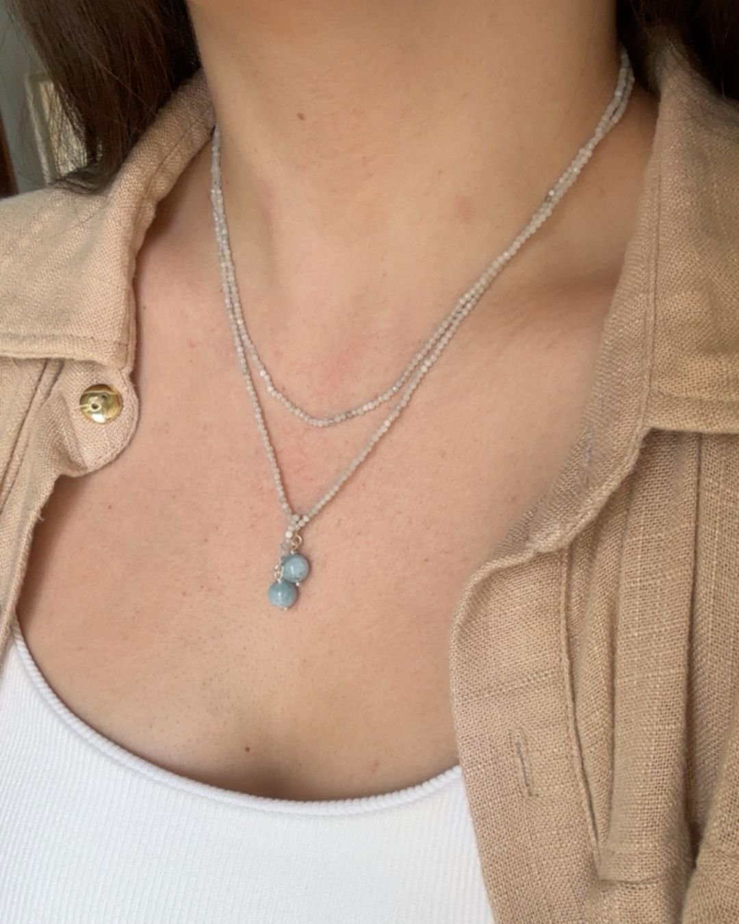 COLAR PASHMINA ÁGUA MARINHA PEDRA NATURAL LAPIDADA 2MM PRATA 925