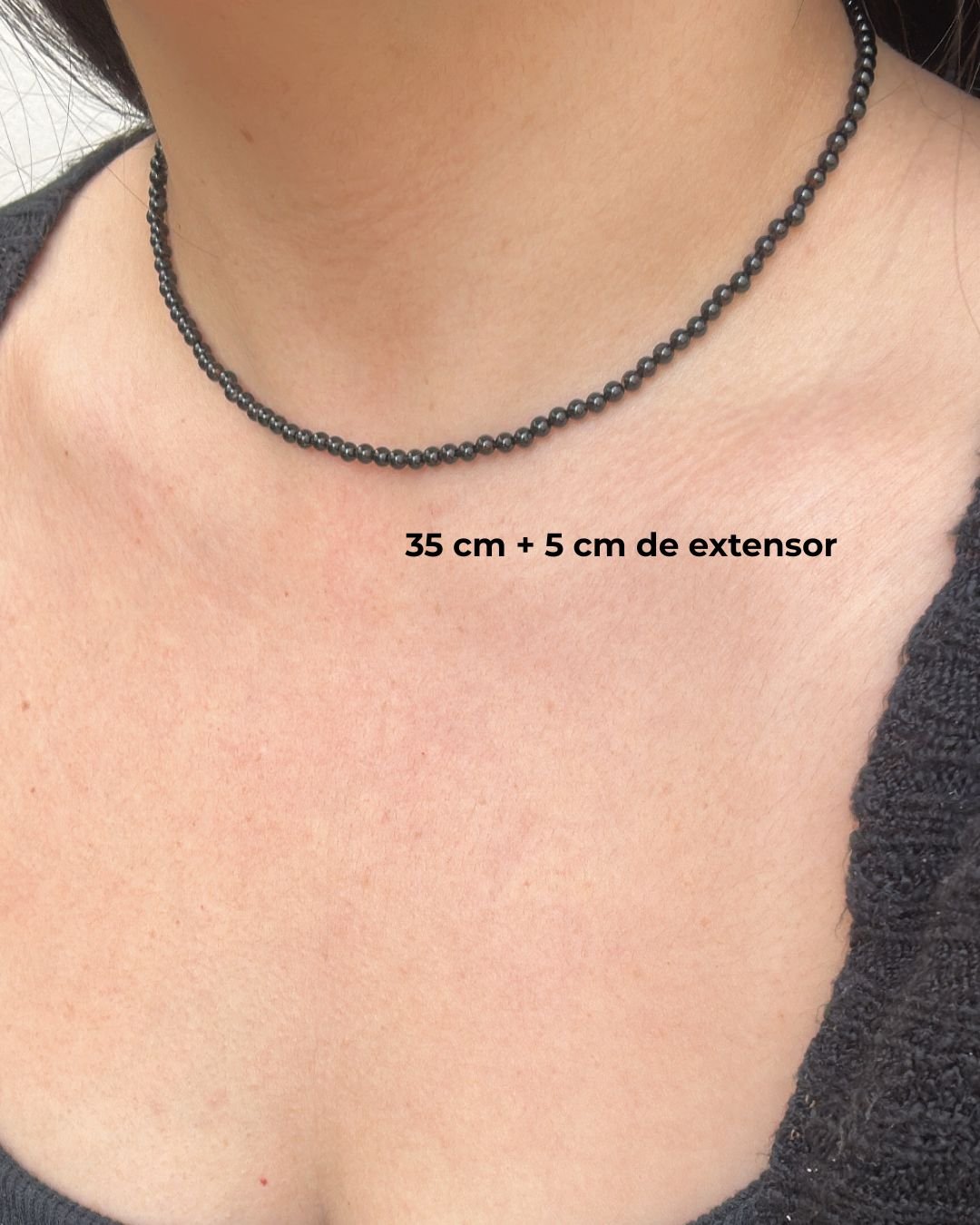 COLAR PEDRAS ÁGATA NEGRA BOLINHAS 3MM E PRATA 925