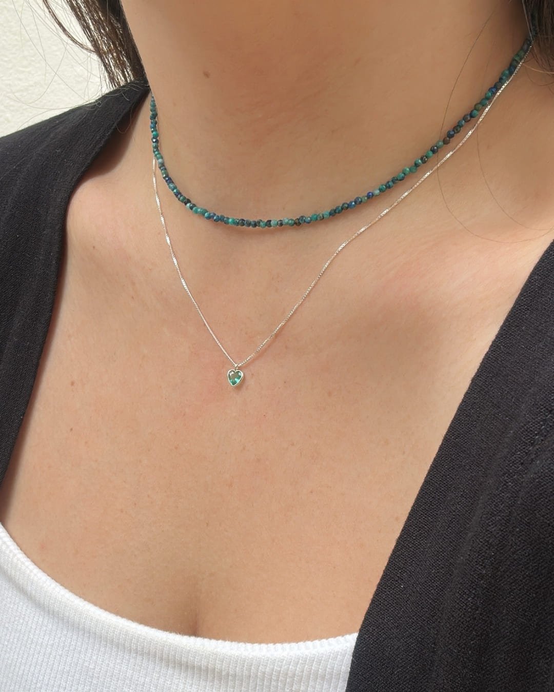 COLAR PEDRAS CRISOCOLA 2MM LAPIDADA E PRATA 925