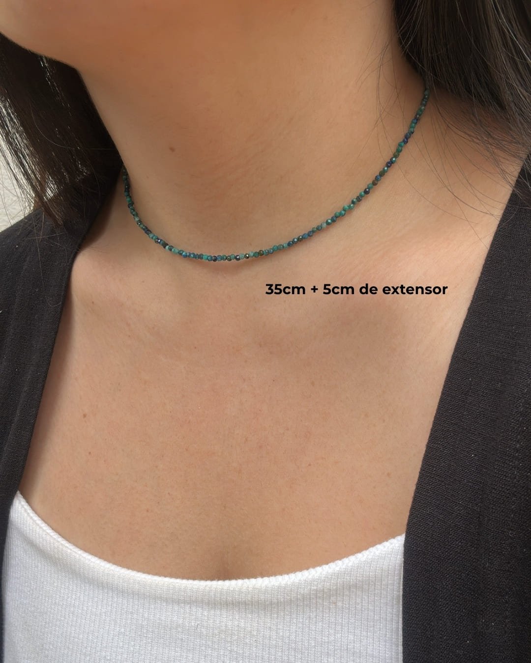 COLAR PEDRAS CRISOCOLA 2MM LAPIDADA E PRATA 925