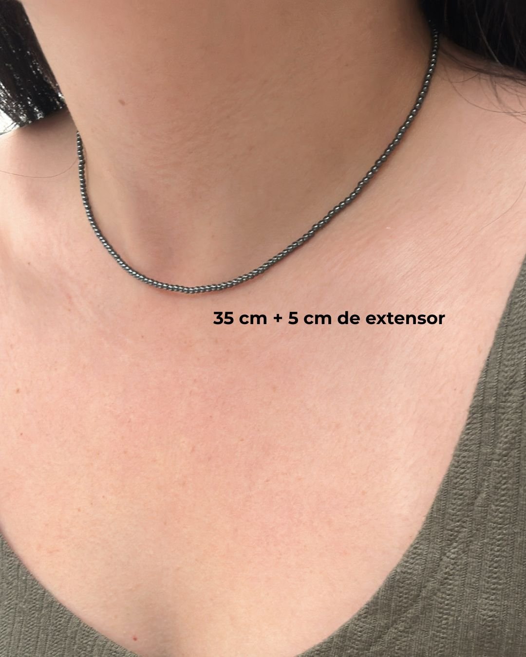 COLAR PEDRAS HEMATITAS BOLINHAS 2MM E PRATA 925