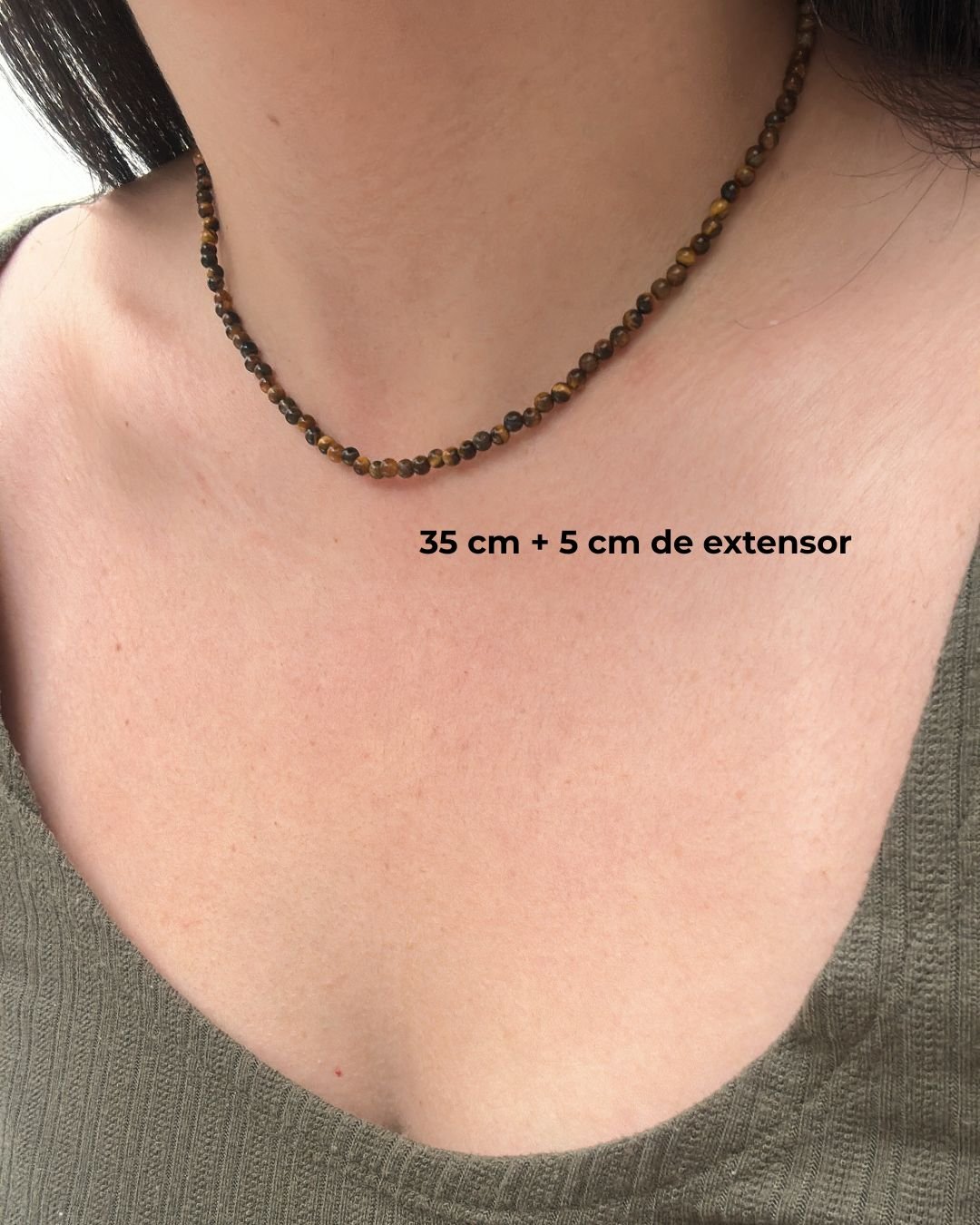 COLAR PEDRAS OLHO DE TIGRE BOLINHAS 4MM E PRATA 925