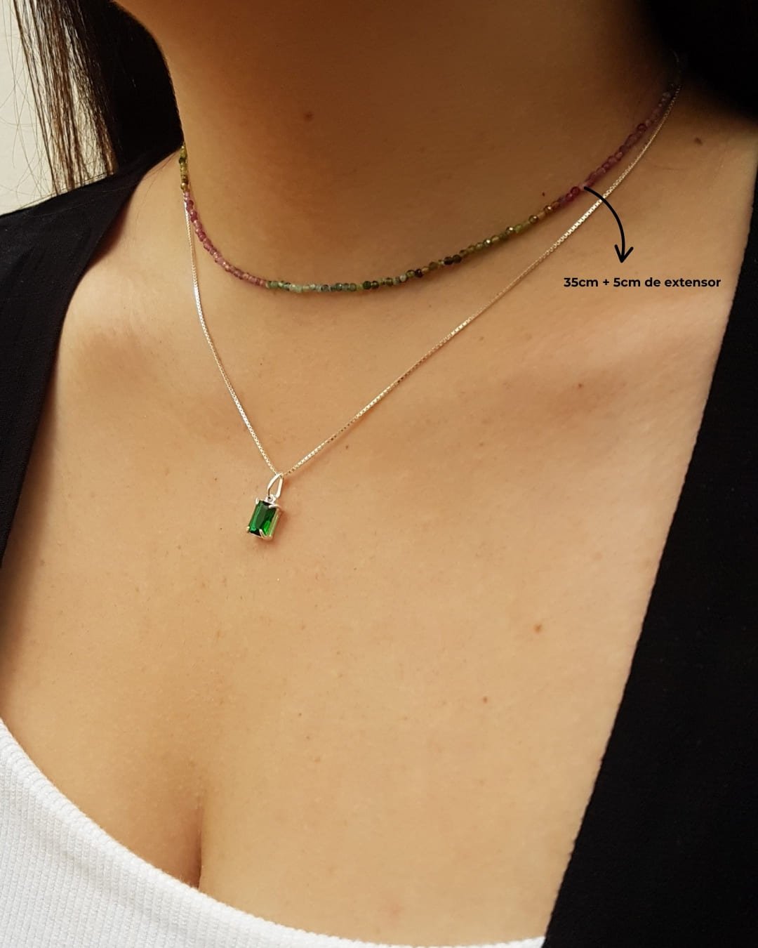 COLAR PEDRAS TURMALINA MELANCIA 2MM LAPIDADA E PRATA 925