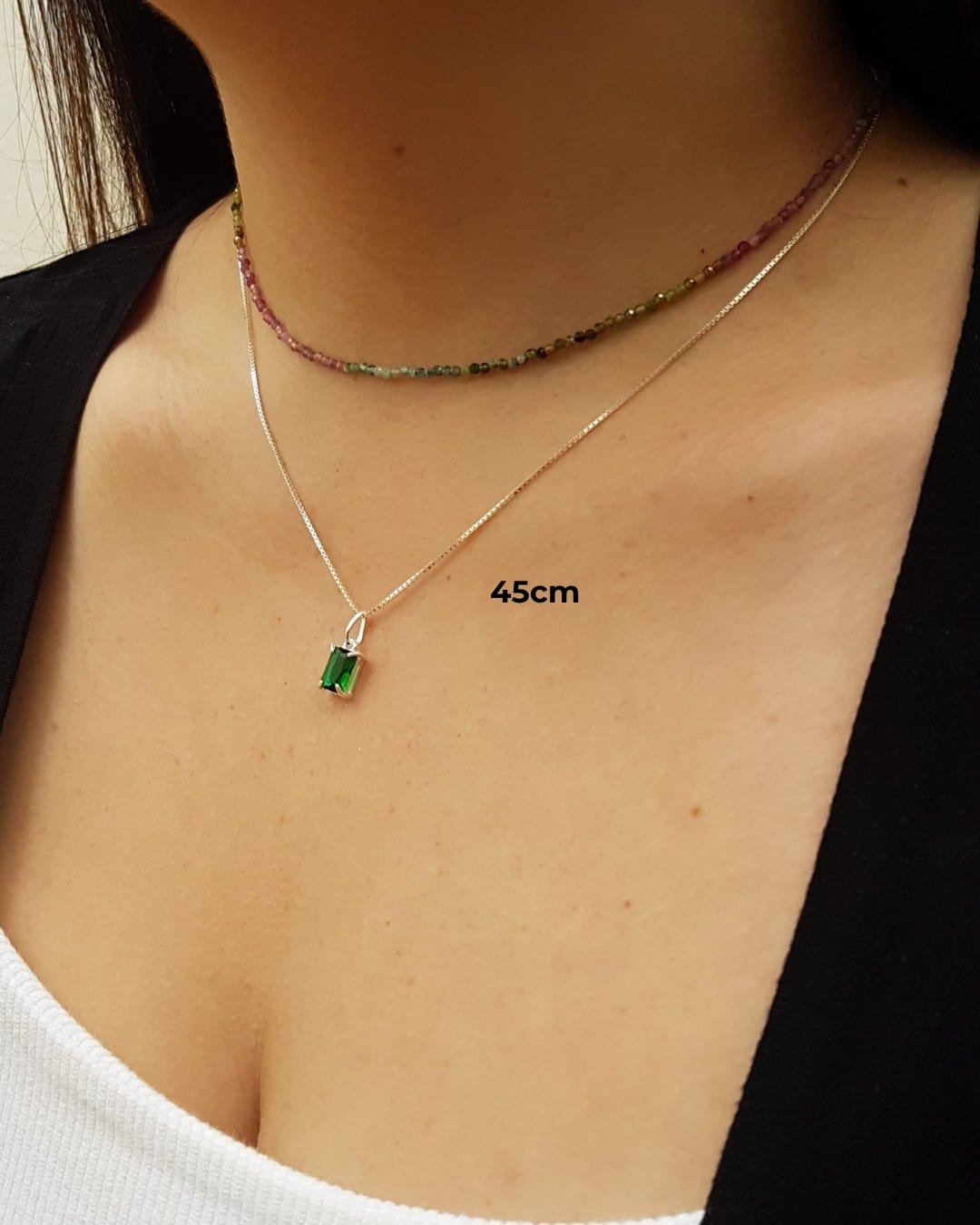 COLAR QUADRADO CRISTAL VERDE BANDEIRA DE PRATA 925