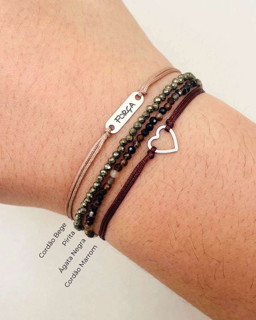 PULSEIRA CORAÇÃO VAZADO CORDÃO MARROM E PRATA 925