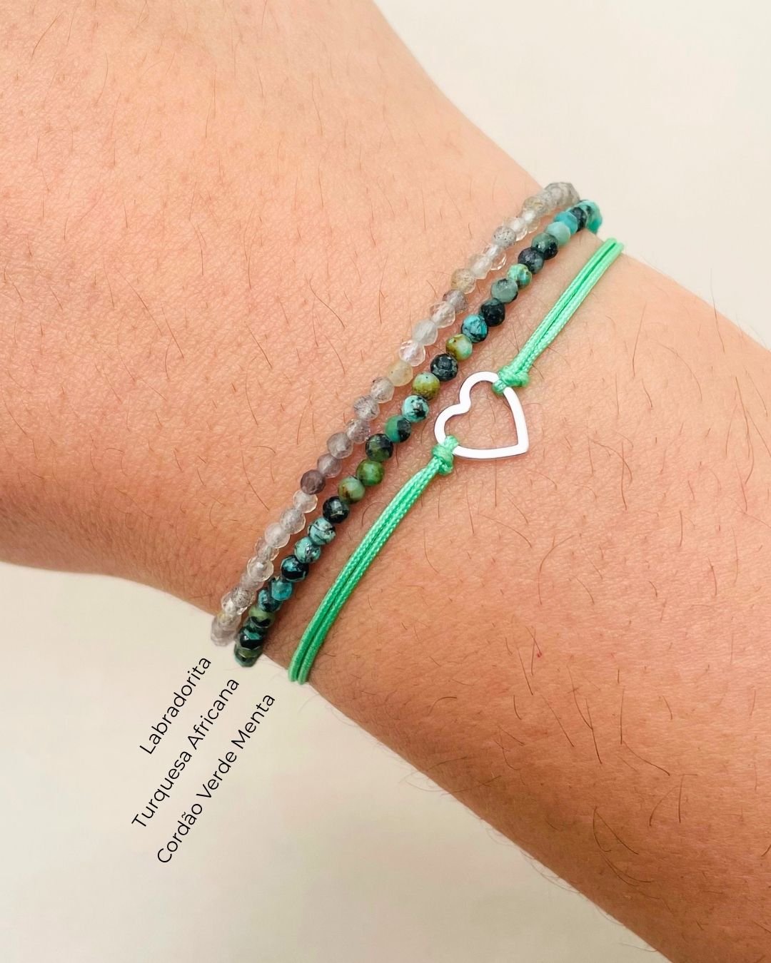 PULSEIRA CORAÇÃO VAZADO CORDÃO VERDE MENTA E PRATA 925