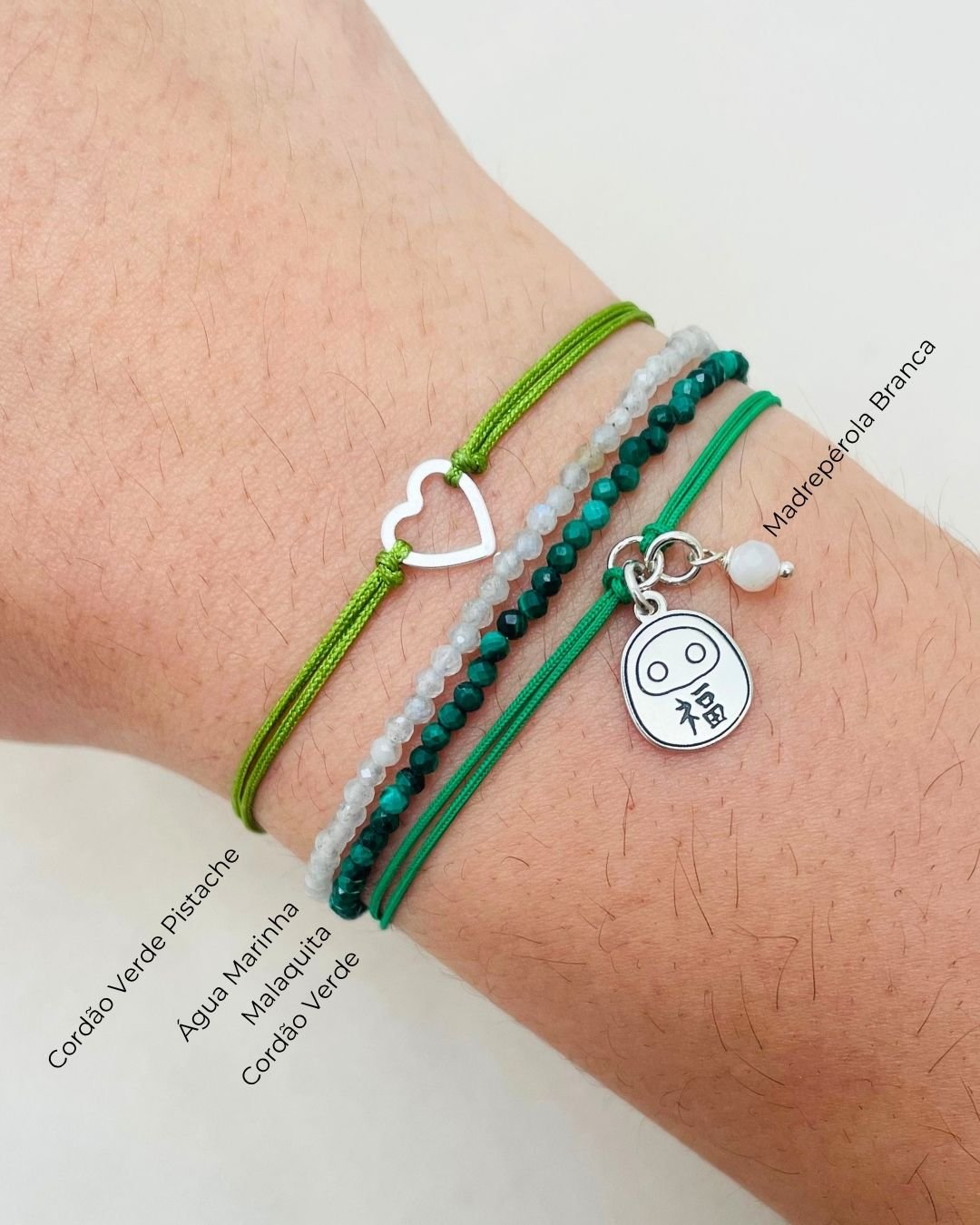 PULSEIRA CORAÇÃO VAZADO CORDÃO VERDE PISTACHE E PRATA 925