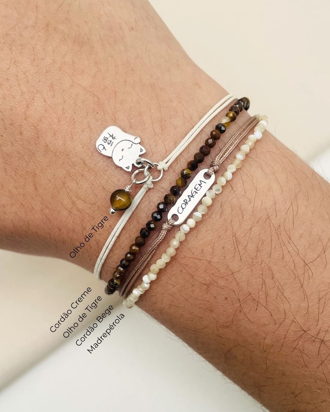 PULSEIRA CORAGEM CORDÃO BEGE E PRATA 925
