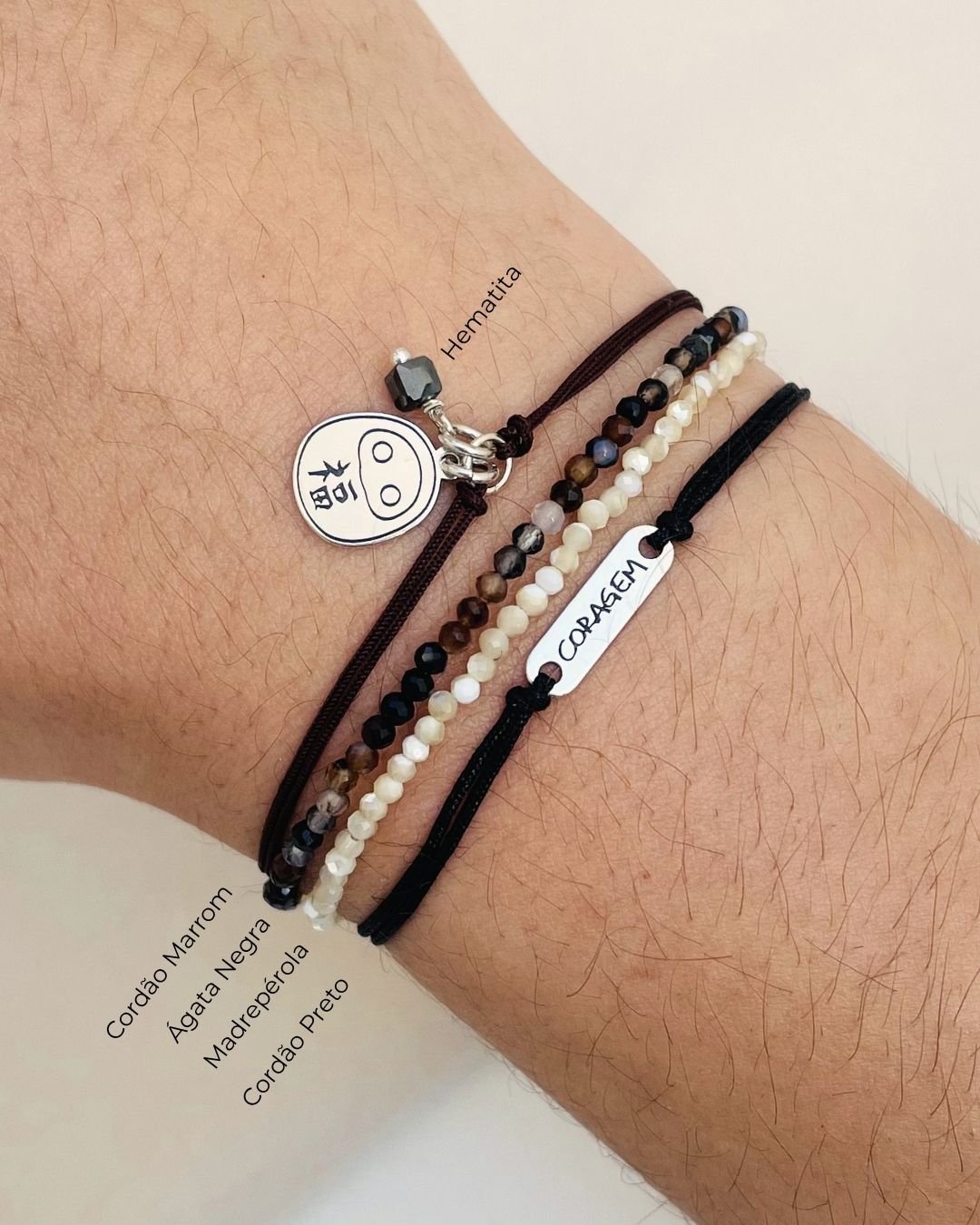 PULSEIRA CORAGEM CORDÃO PRETO E PRATA 925