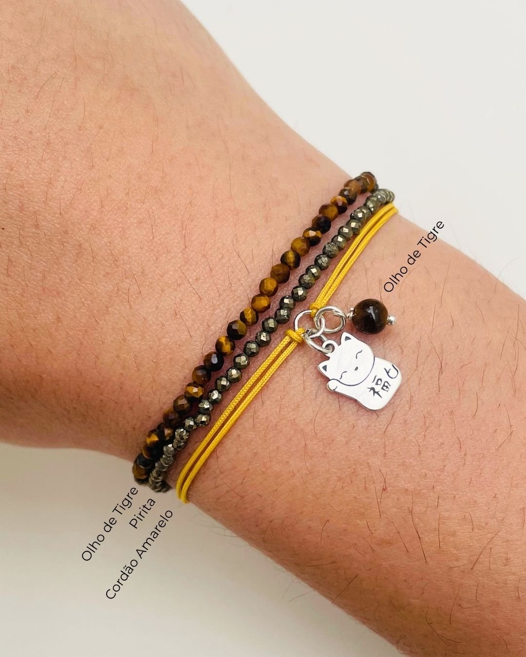 PULSEIRA GATO DA SORTE CORDÃO AMARELO E PRATA 925