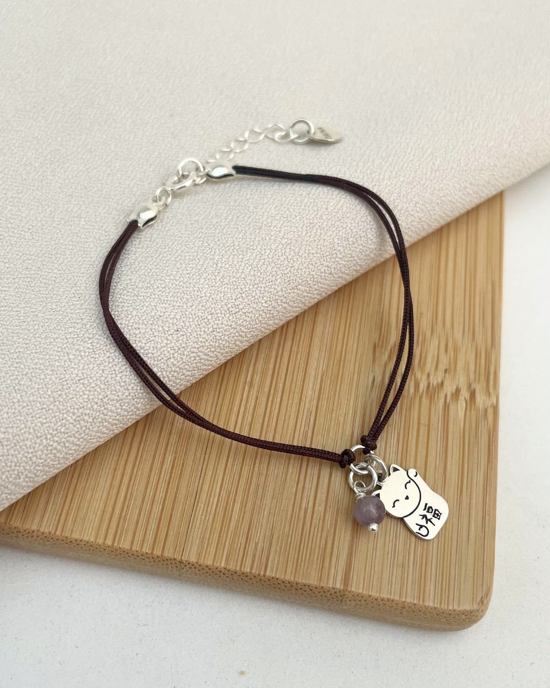 PULSEIRA GATO DA SORTE CORDÃO MARROM E PRATA 925