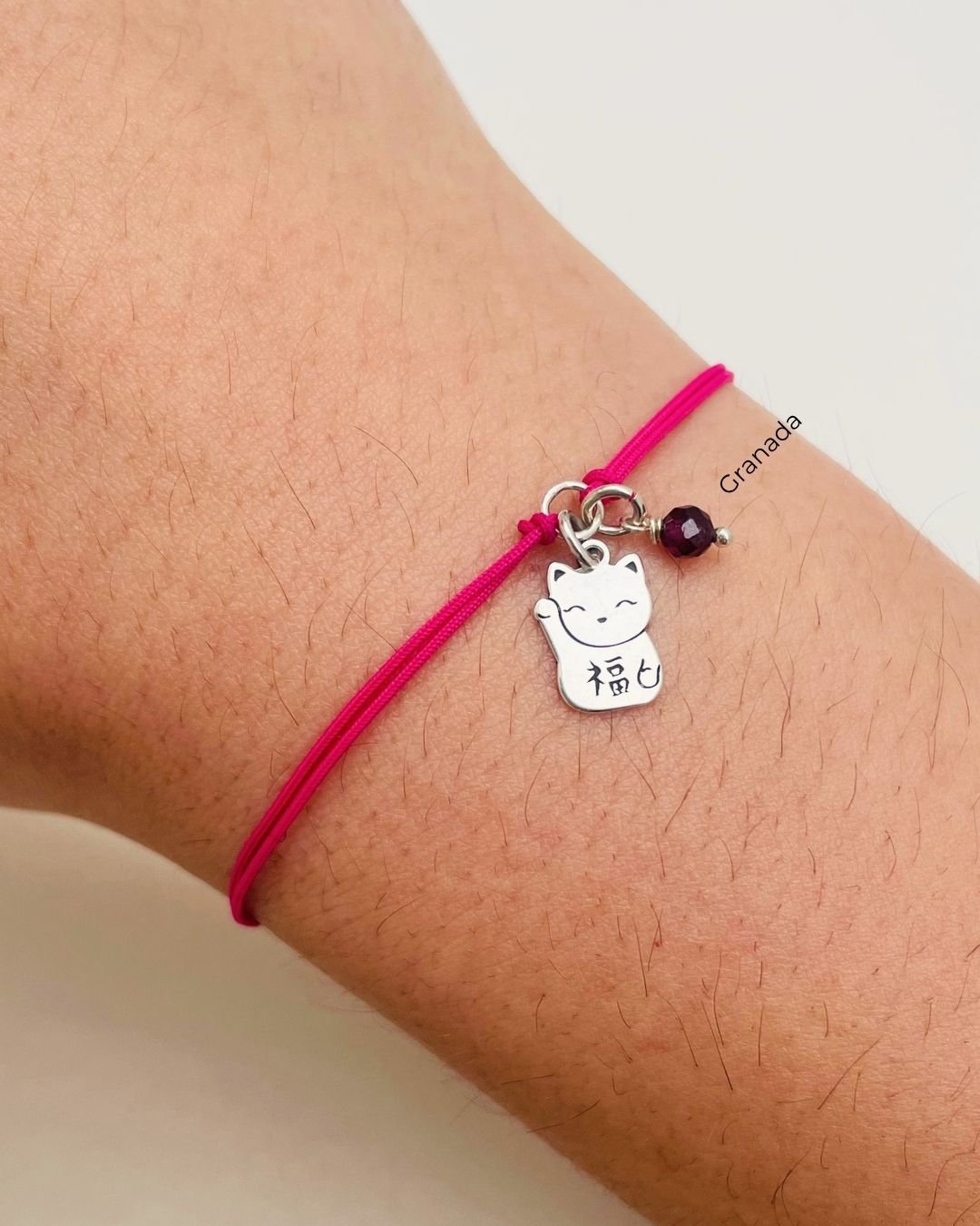 PULSEIRA GATO DA SORTE CORDÃO ROSA PINK E PRATA 925