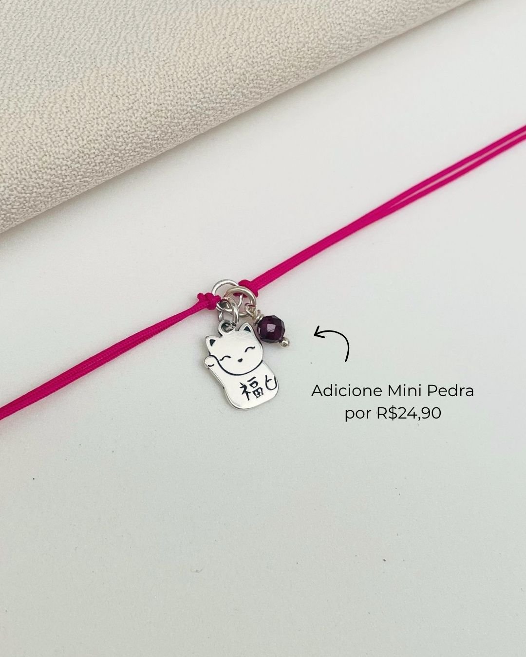 PULSEIRA GATO DA SORTE CORDÃO ROSA PINK E PRATA 925