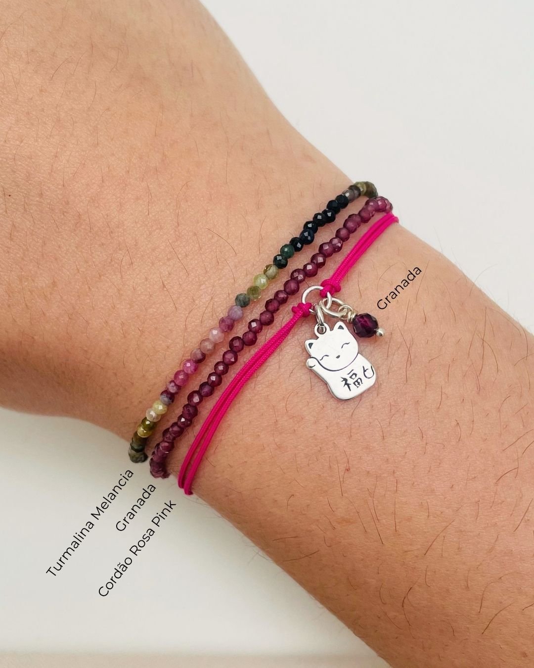 PULSEIRA GATO DA SORTE CORDÃO ROSA PINK E PRATA 925