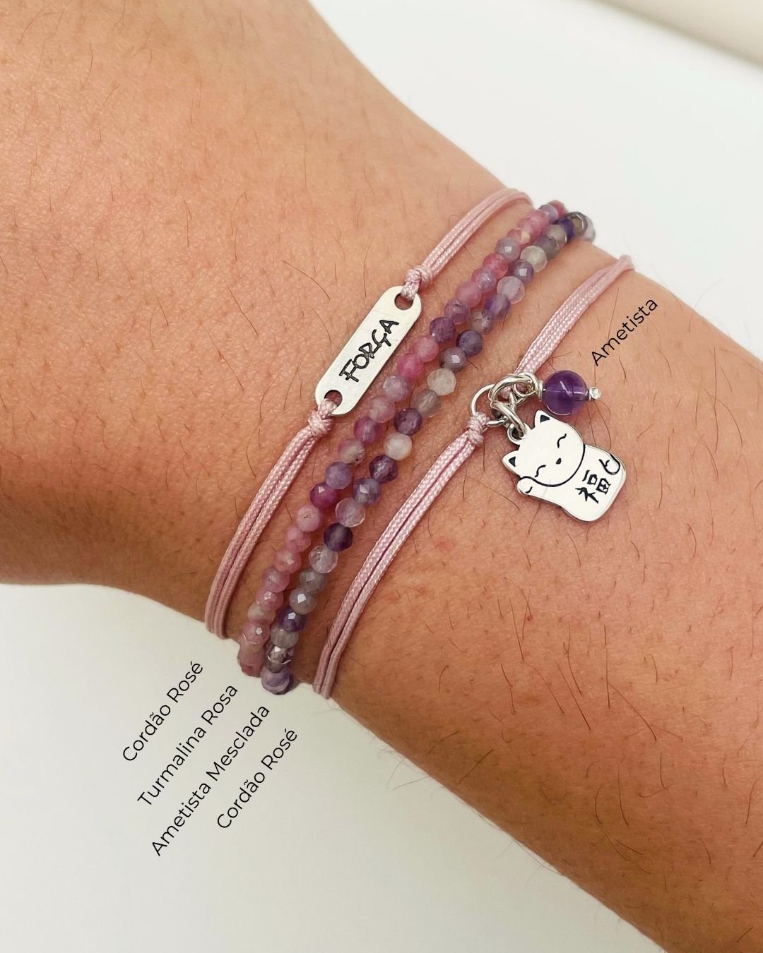 PULSEIRA GATO DA SORTE CORDÃO ROSÉ E PRATA 925
