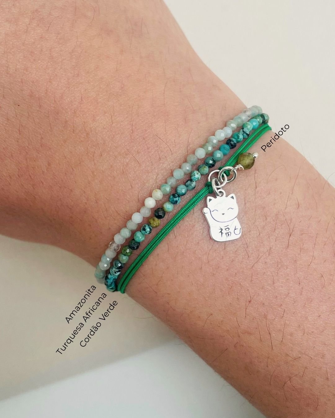 PULSEIRA GATO DA SORTE CORDÃO VERDE E PRATA 925