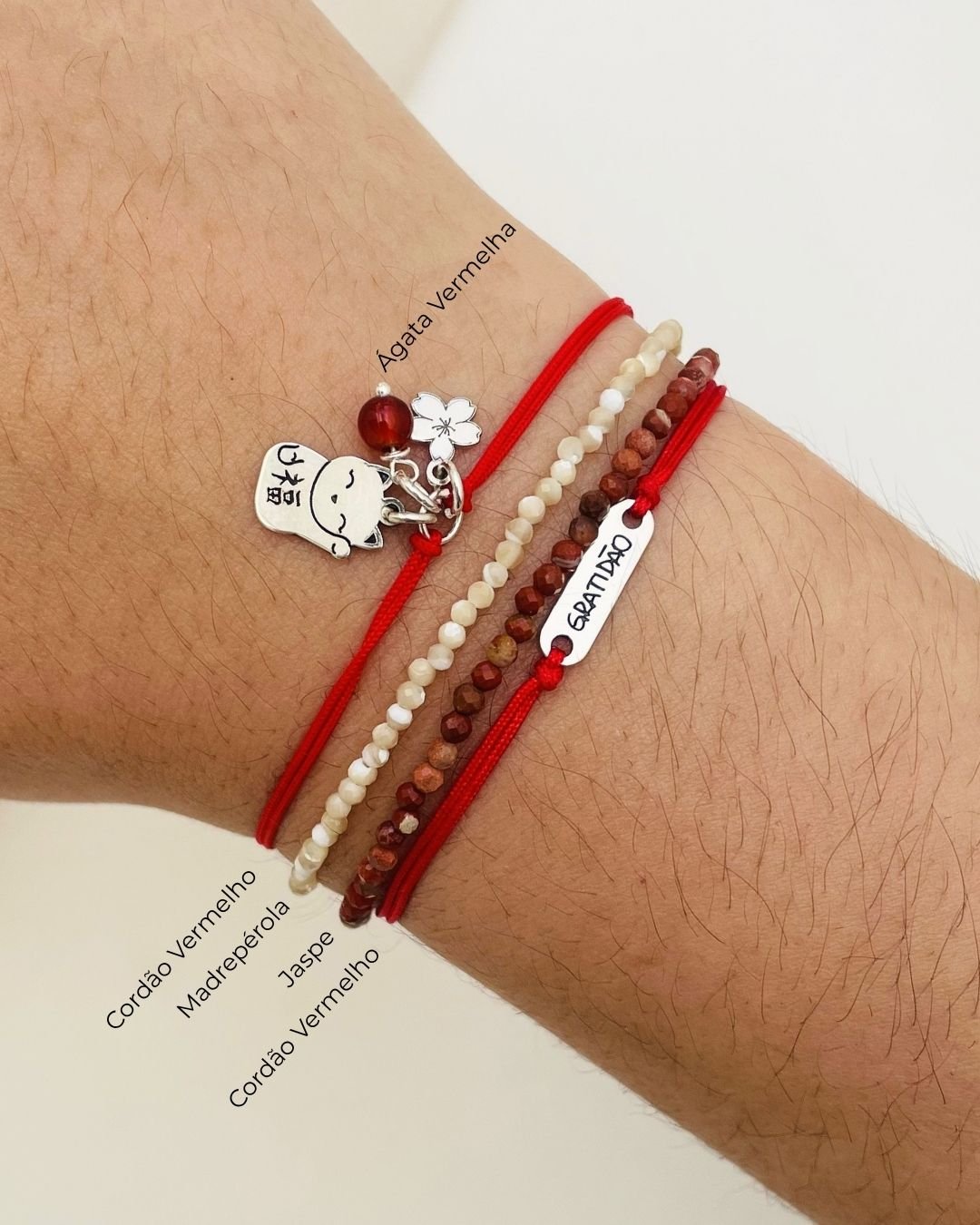 PULSEIRA GATO DA SORTE CORDÃO VERMELHO E PRATA 925