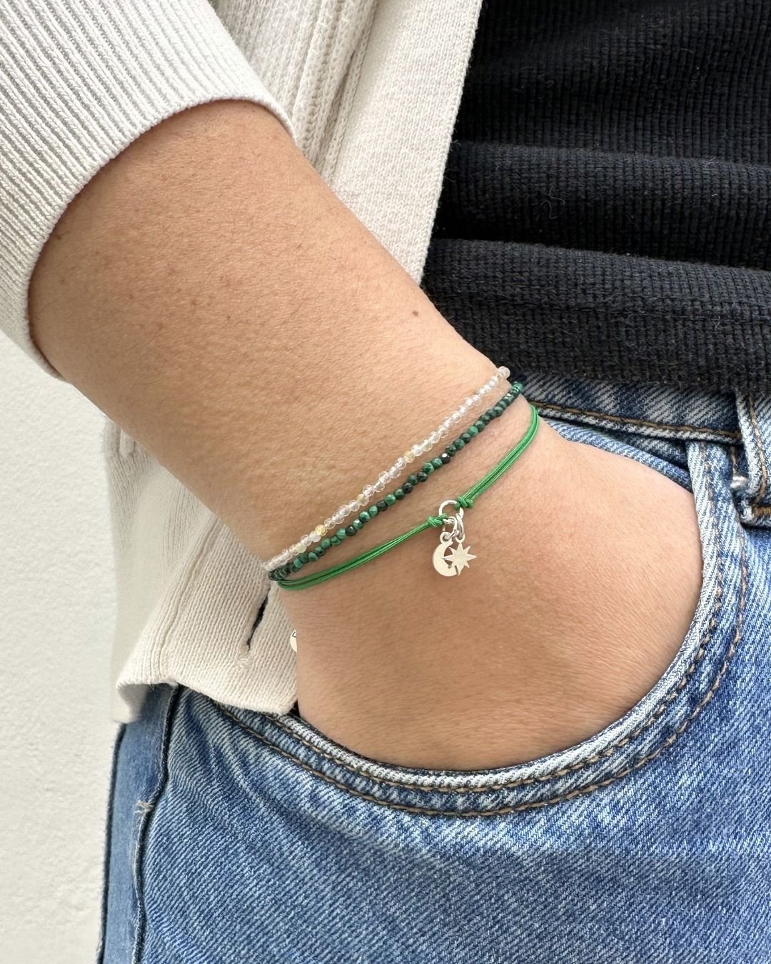 PULSEIRA LUA ESTRELA CORDÃO VERDE PRATA 925
