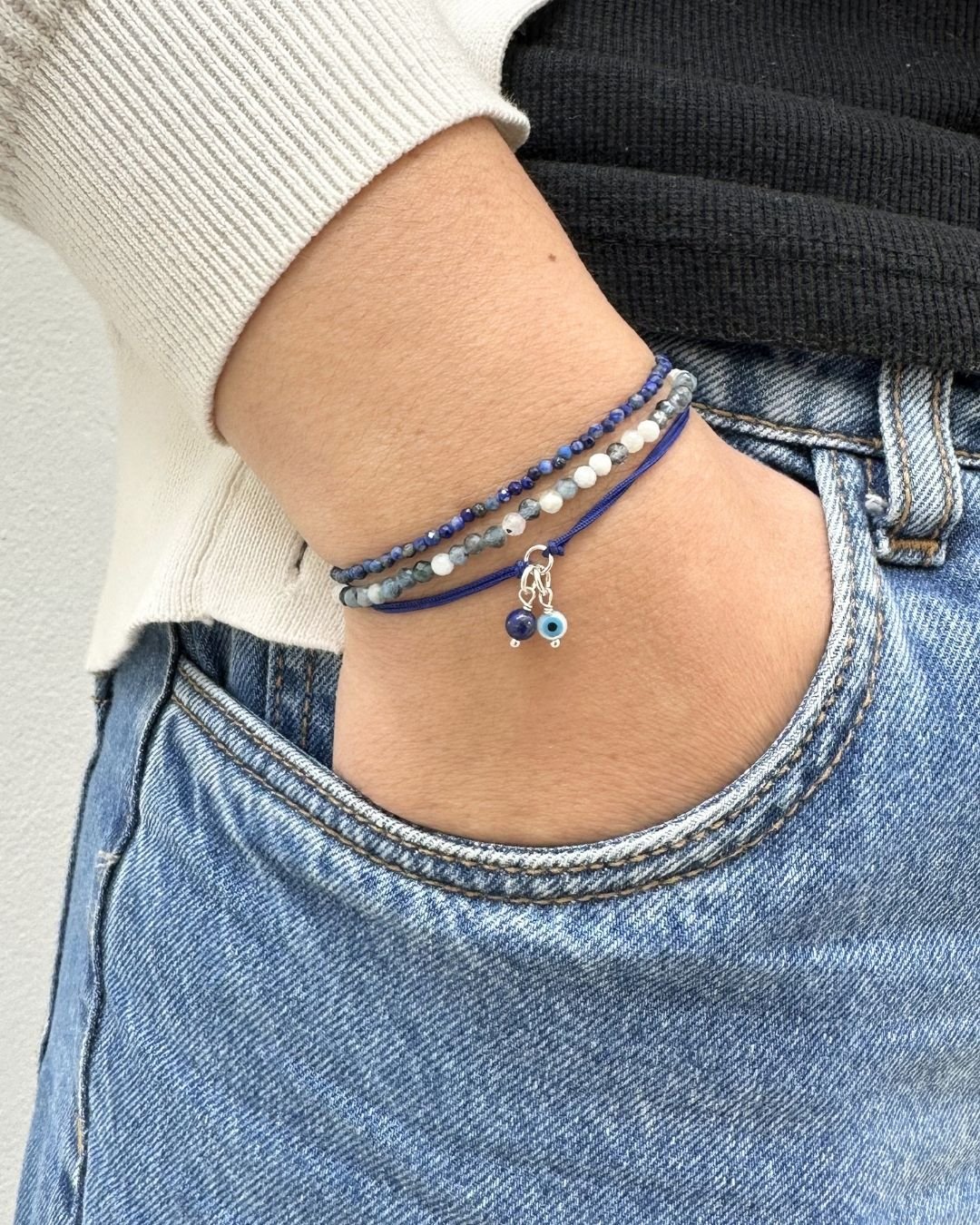 PULSEIRA MINI OLHO GREGO CORDÃO AZUL PRATA 925