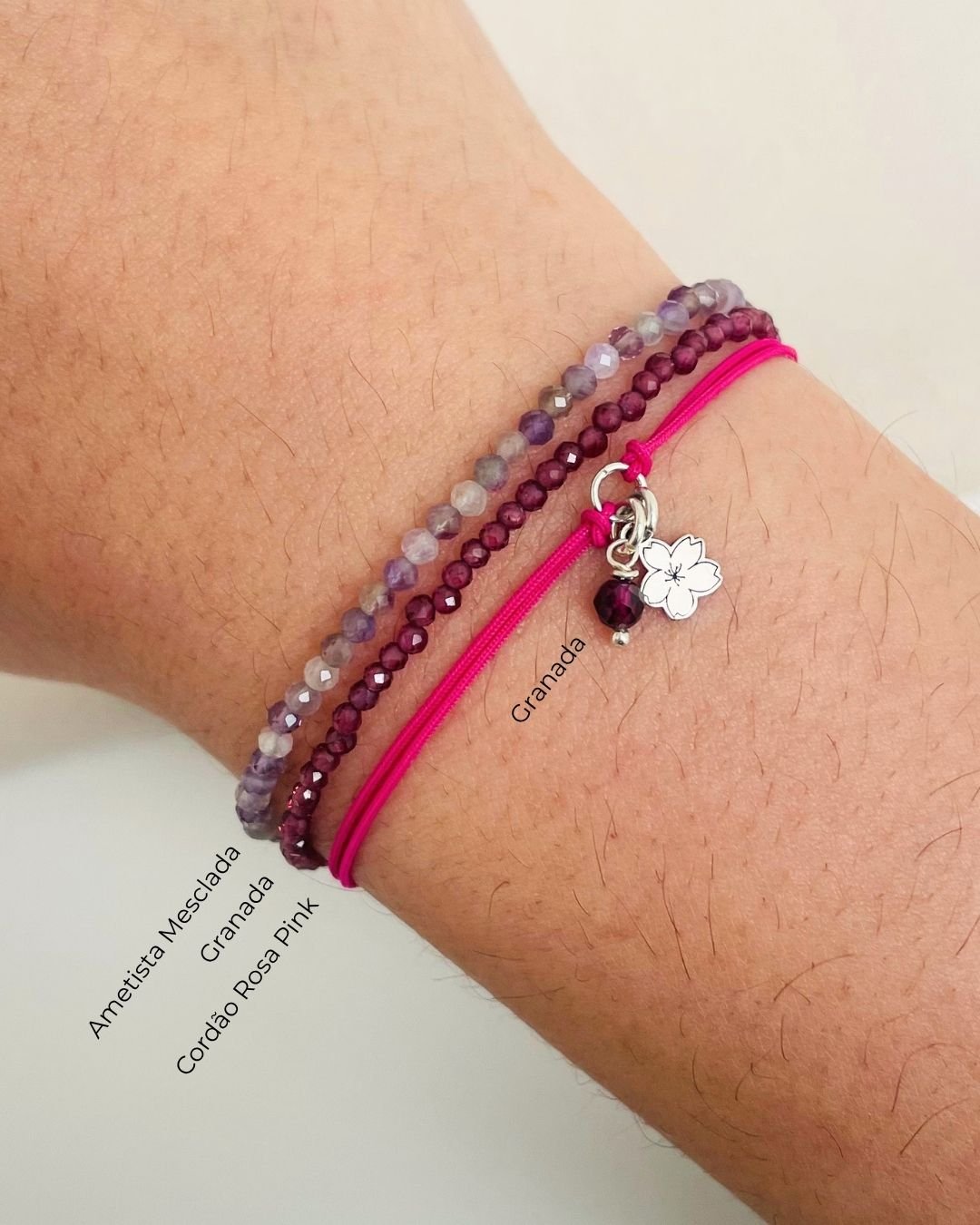 PULSEIRA MINI SAKURA CORDÃO ROSA PINK PRATA 925