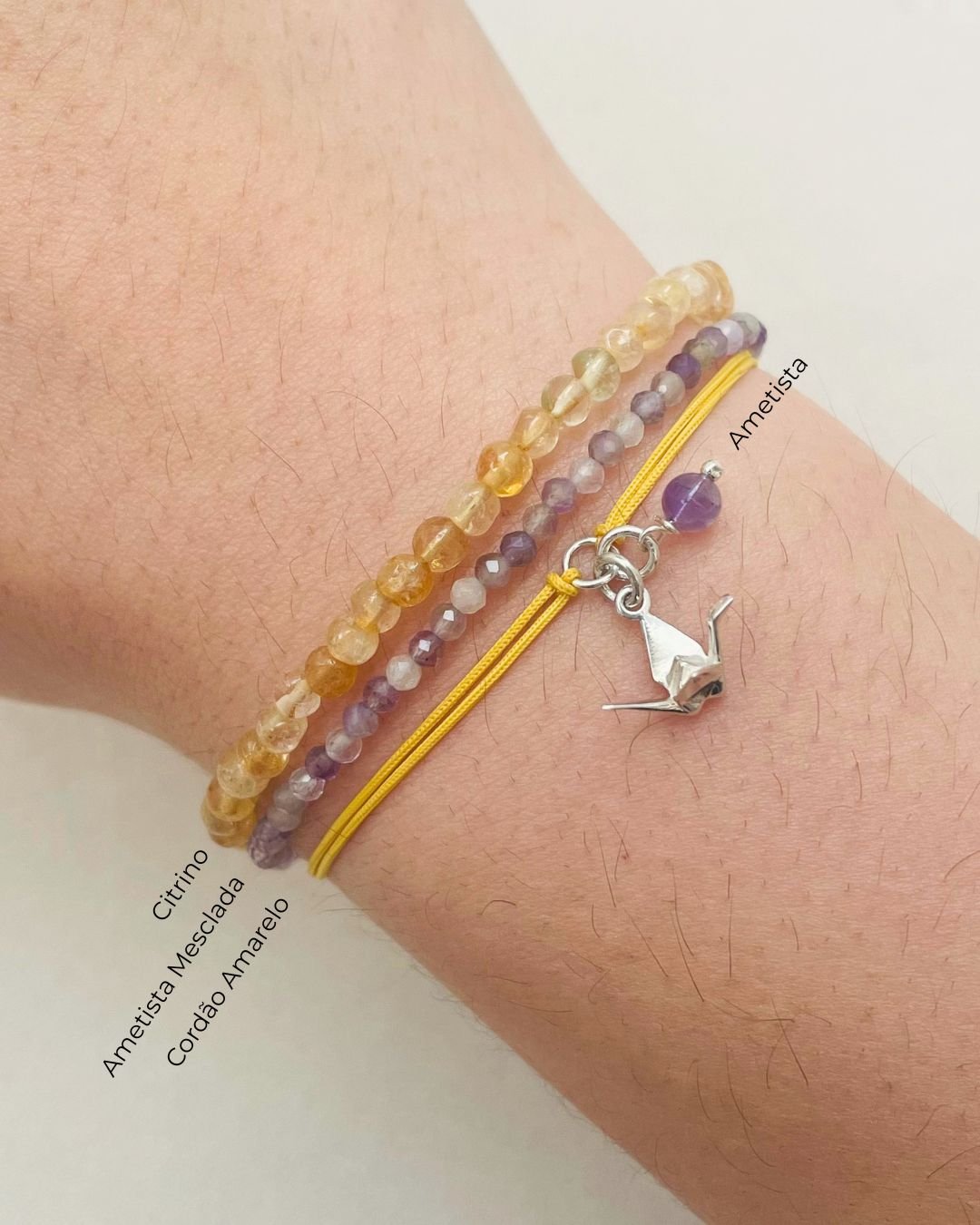 PULSEIRA MINI TSURU 3D CORDÃO AMARELO E PRATA 925