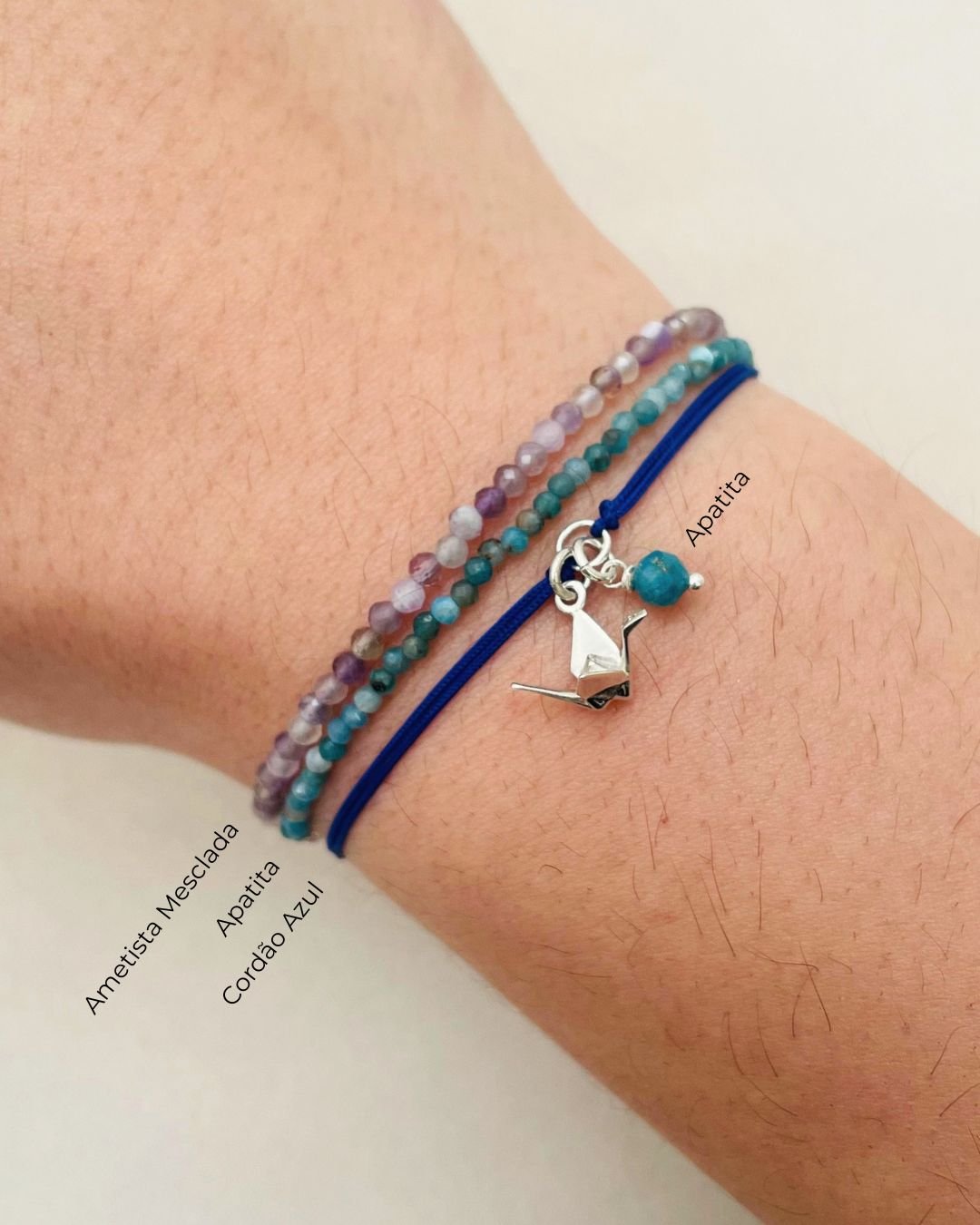 PULSEIRA MINI TSURU 3D CORDÃO AZUL E PRATA 925