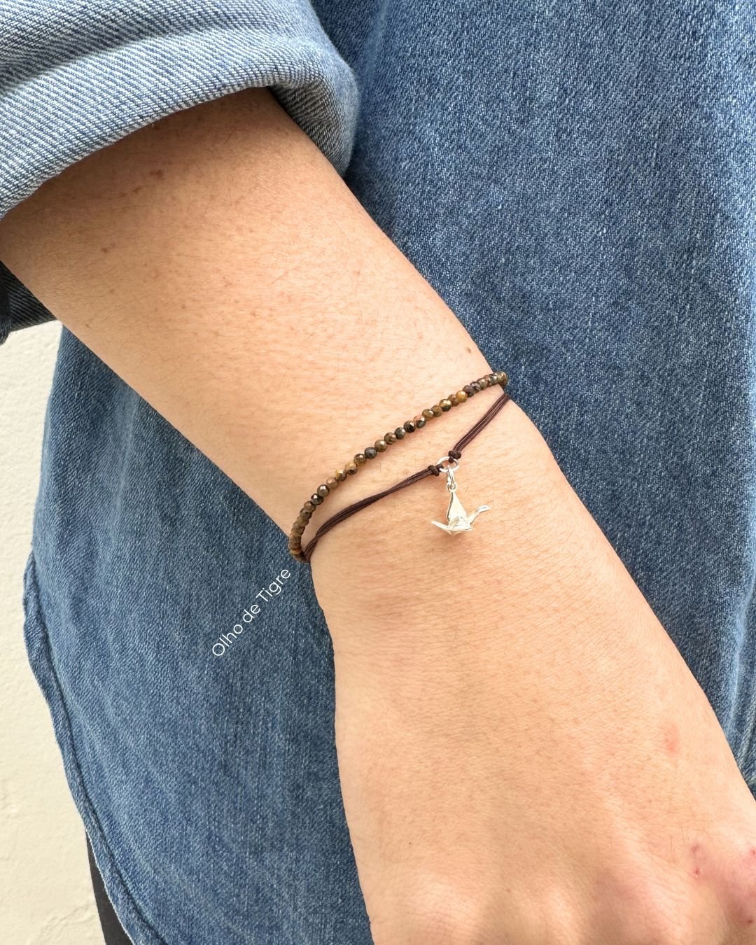 PULSEIRA MINI TSURU 3D CORDÃO MARROM E PRATA 925