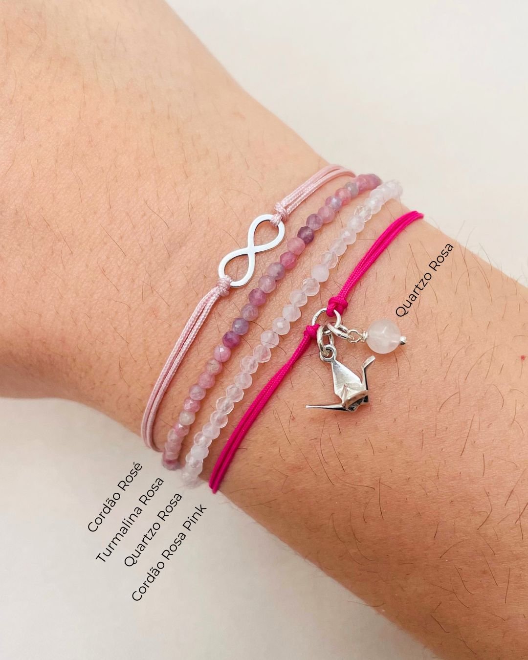 PULSEIRA MINI TSURU 3D CORDÃO ROSA PINK E PRATA 925