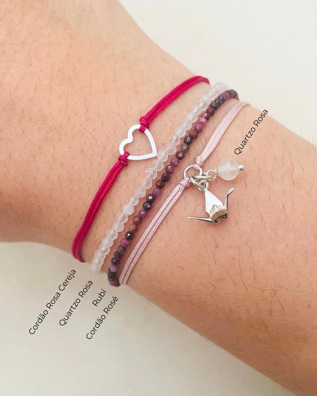 PULSEIRA MINI TSURU 3D CORDÃO ROSÉ E PRATA 925