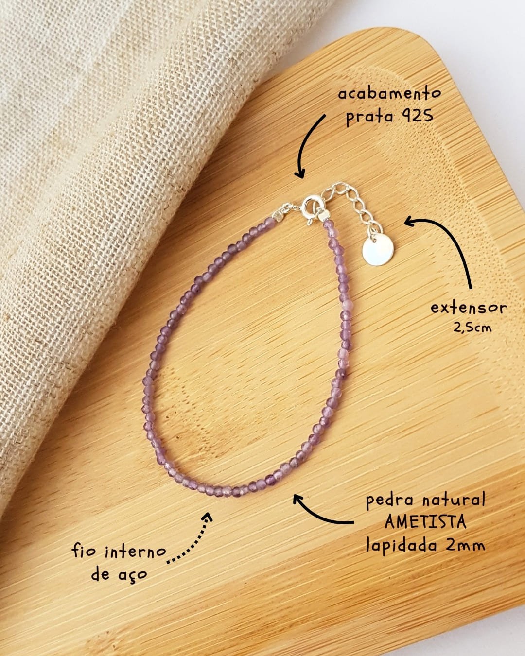 PULSEIRA PEDRAS AMETISTA LAPIDADA 2MM