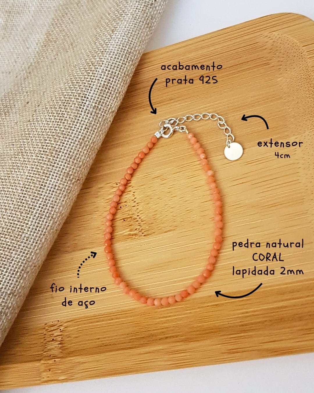 PULSEIRA PEDRAS CORAL LAPIDADA 2MM