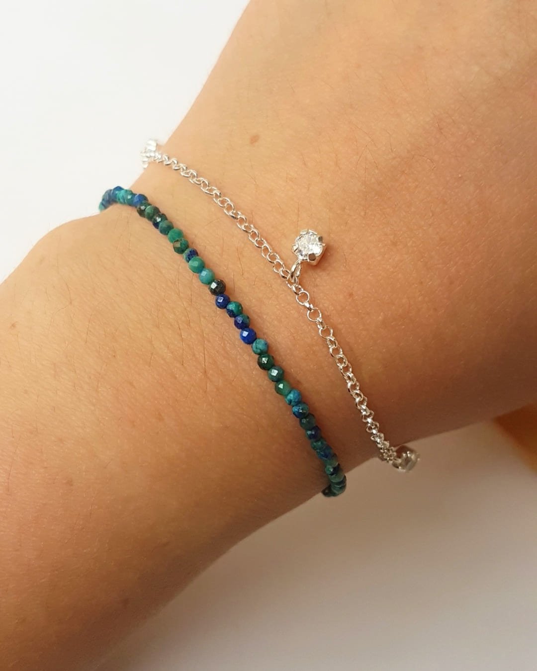 PULSEIRA PEDRAS CRISOCOLA 2MM LAPIDADA E PRATA 925